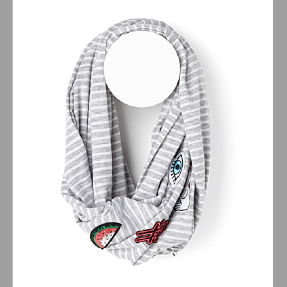Only gray and white stripes and patches embellished infinity scarf EUC